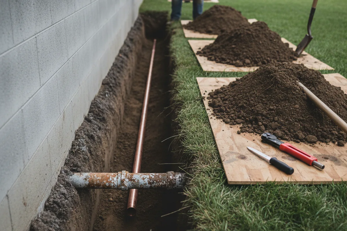 Excavated water line trench during Sewer Line Repair in West Salem